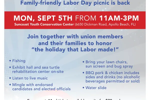 flyer with details of picnic: Monday September 5th from 11am - 3pm in Apollo Beach, FL
