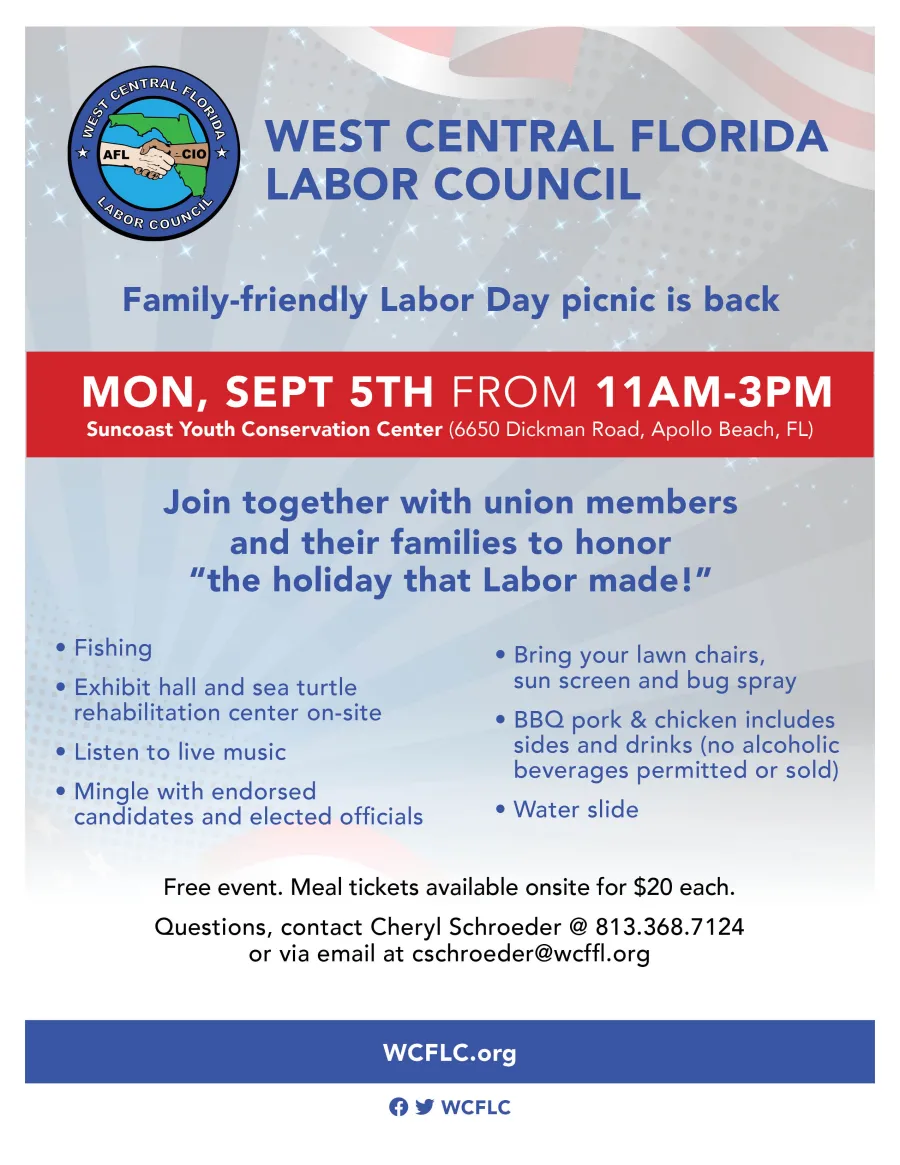 flyer with details of picnic: Monday September 5th from 11am - 3pm in Apollo Beach, FL