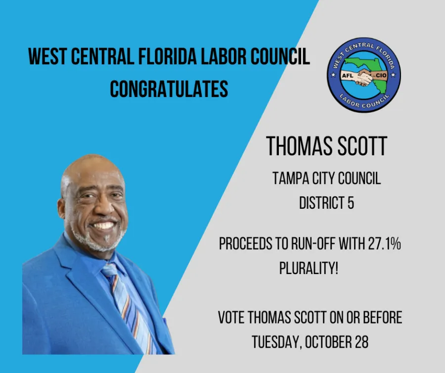 Congratulations to Endorsed Candidate Thomas Scott with a photo and his win margin of 27.1% of the vote as well as the run-off election date of October 28.